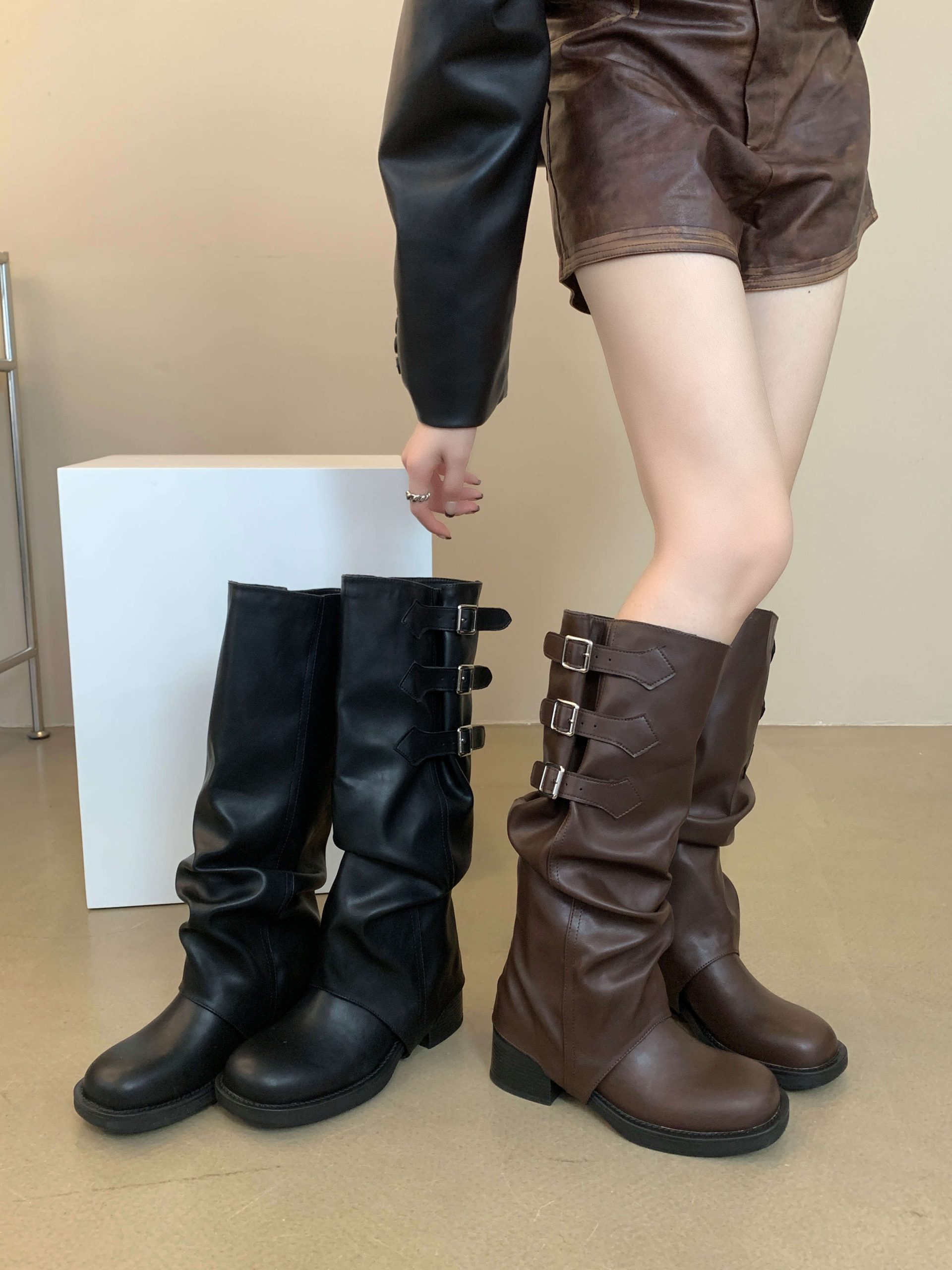 2023 New Style Ladies Long Boots Detachable Shaft Retro Riding Boots Chunky Heel Soft Leather Slim Stack Boots