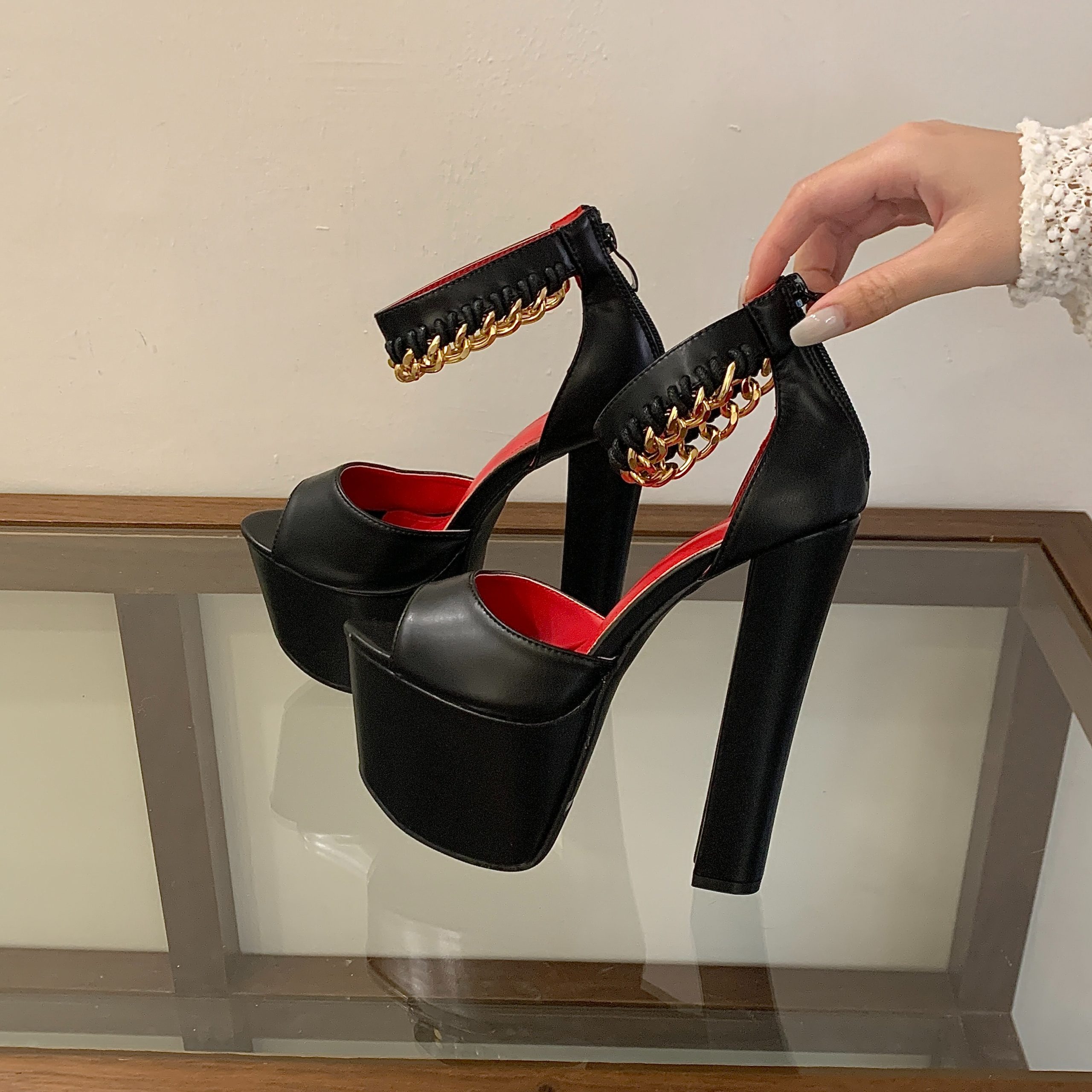 2026 New Summer Fish Mouth Buckle Zipper Heavy Duty Hand Stitched Metal Chain Waterproof Platform Chunky Heel Shoes 35-42 - Image 5