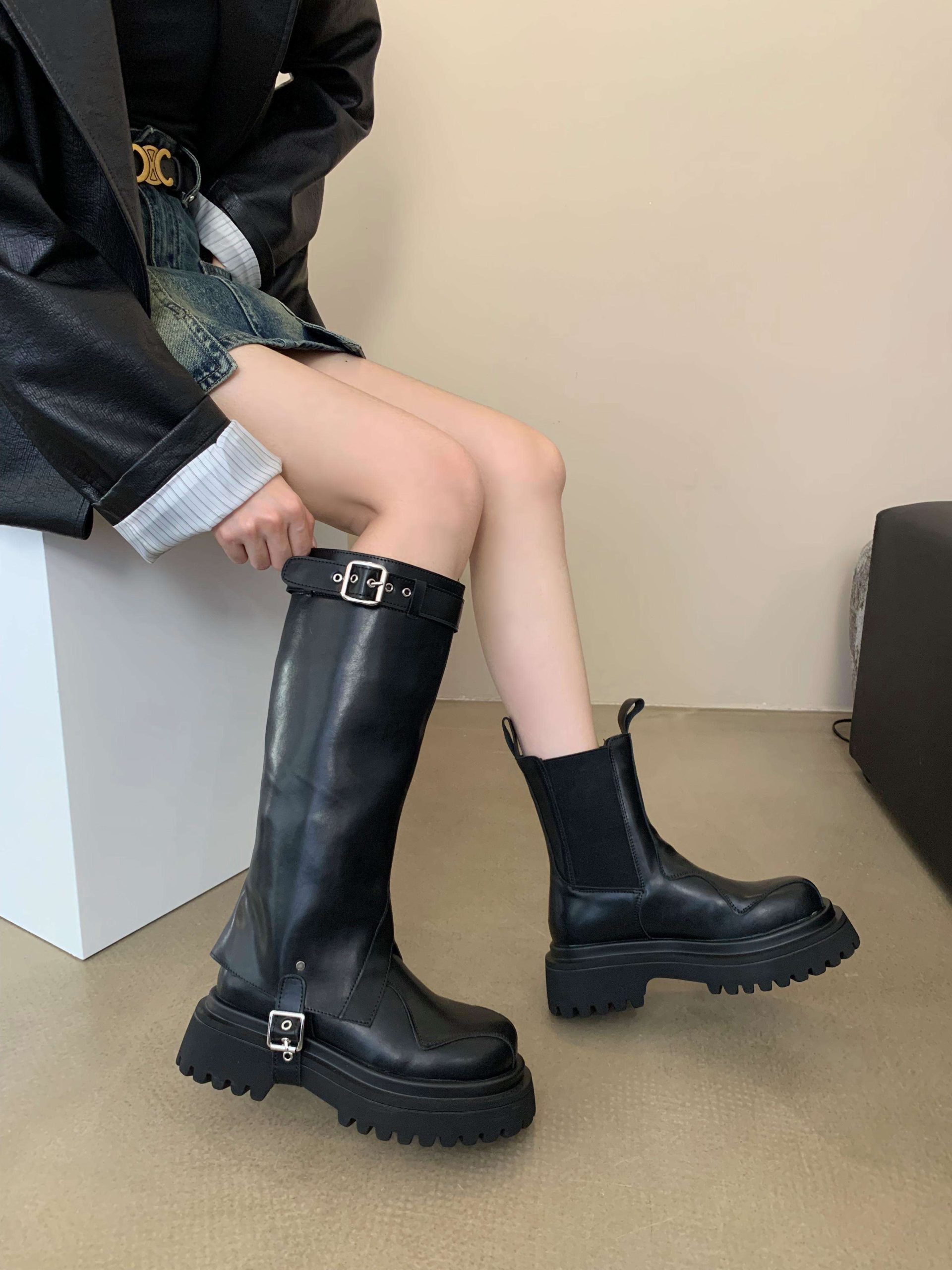 Detachable Two-Way Boots for Women Chunky Sole Round Toe Knee High Rider Boots Trendy