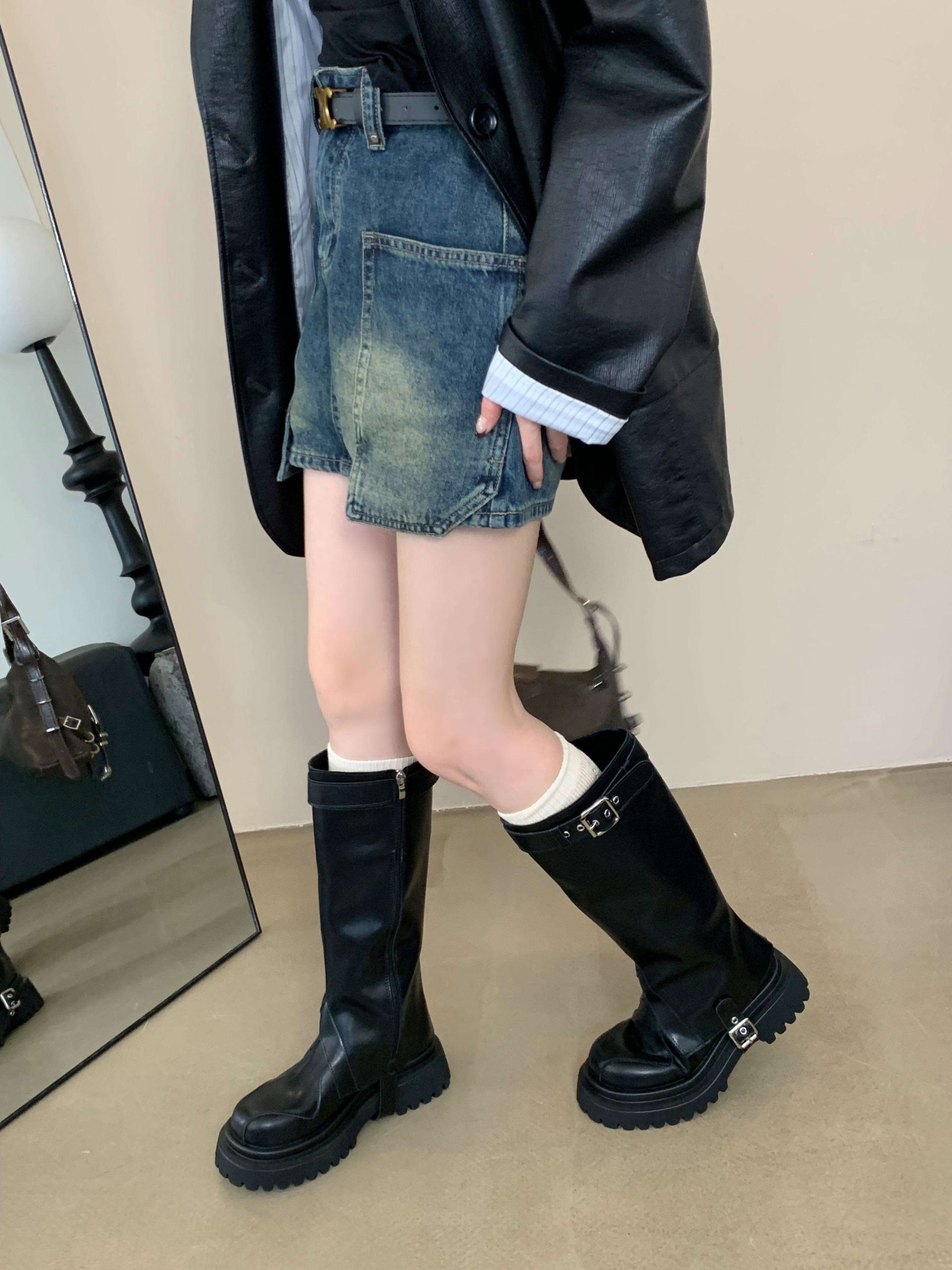 Detachable Two-Way Boots for Women Chunky Sole Round Toe Knee High Rider Boots Trendy - Image 2