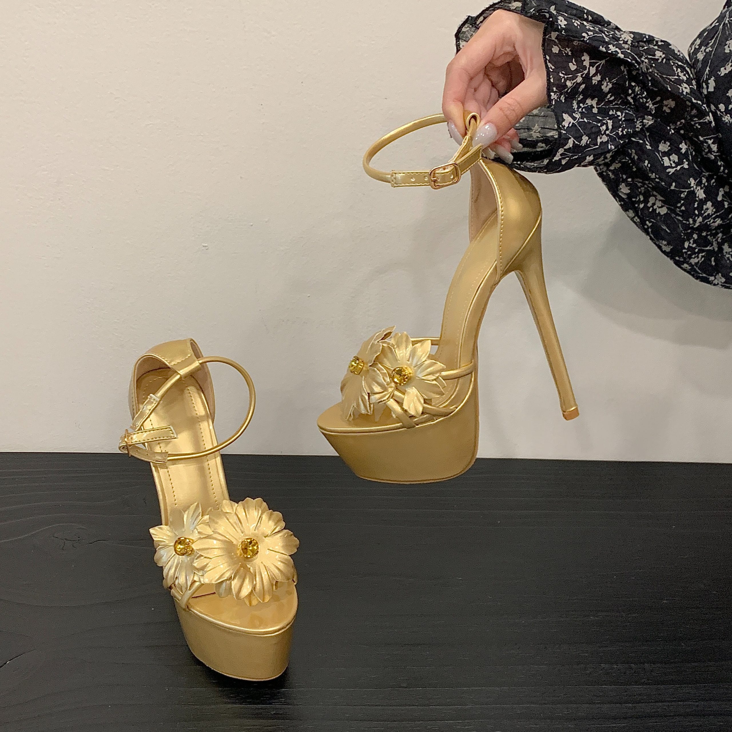 New Sunflower Rhinestone 16CM High Heel Platform Sandals 35-42 - Image 5