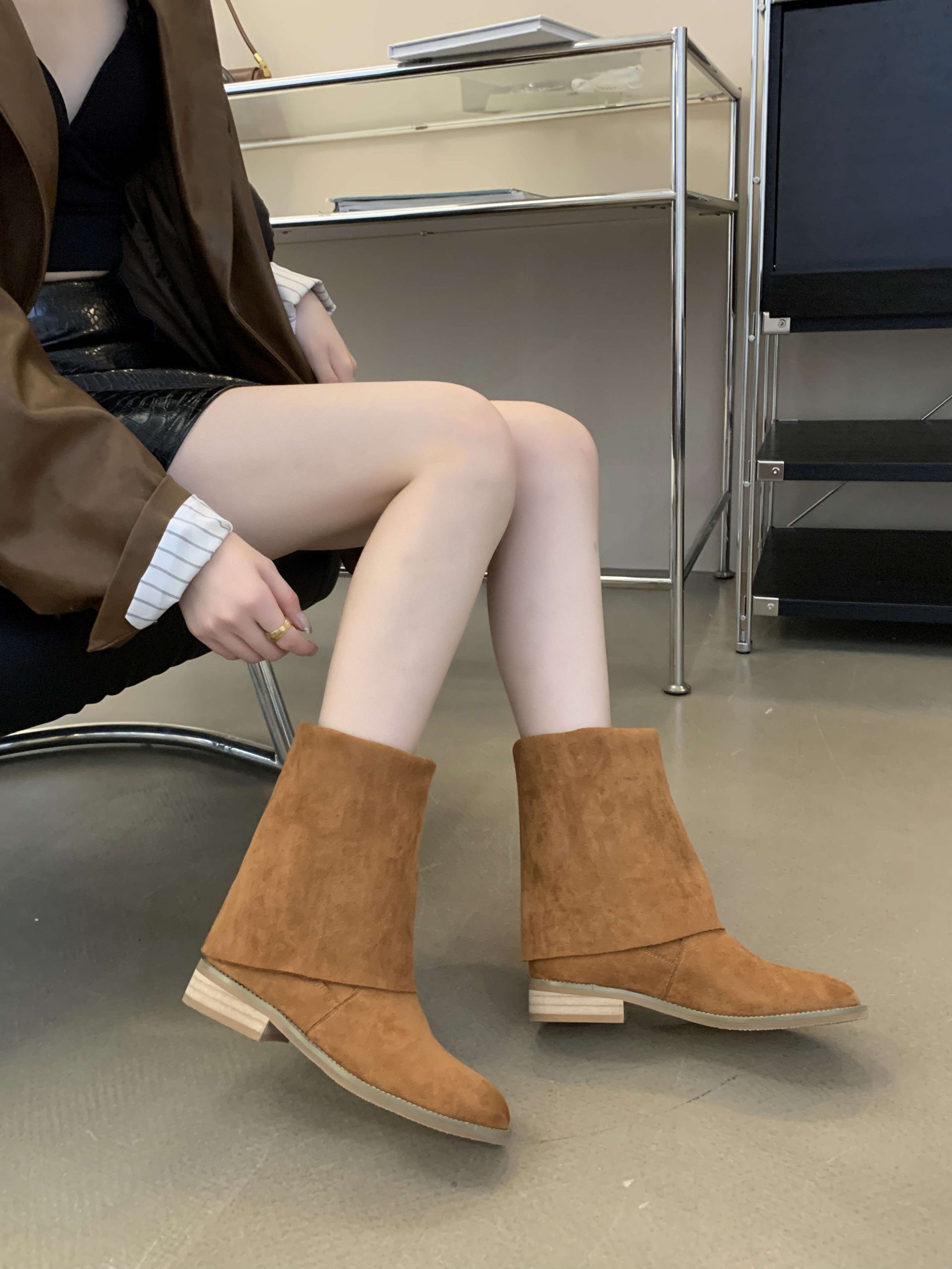 Retro Folded Stacked Boots for Women Chunky Heel 2023 New Round Toe Suede Western Cowboy Boots Tall Boots - Image 3
