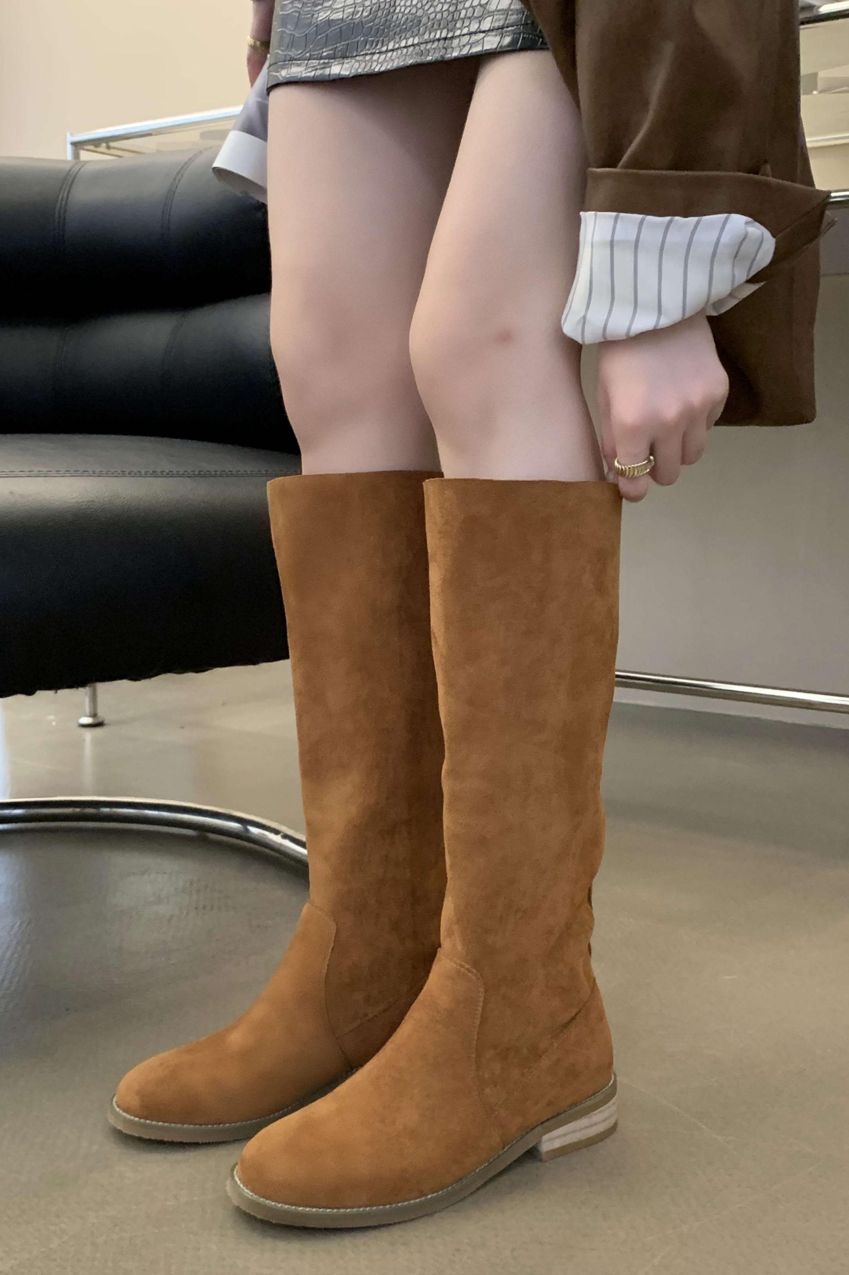 Retro Folded Stacked Boots for Women Chunky Heel 2023 New Round Toe Suede Western Cowboy Boots Tall Boots - Image 5
