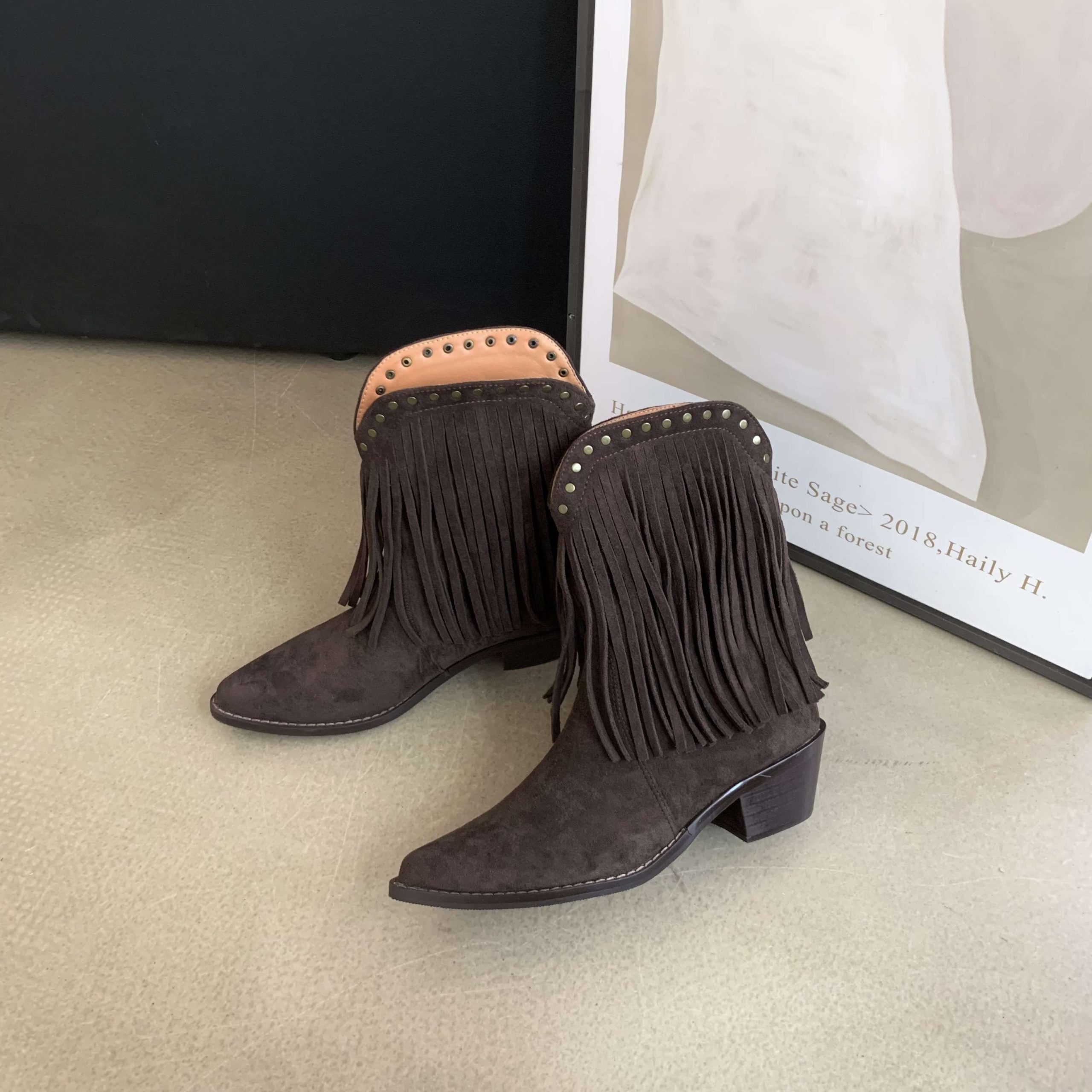 Retro Pointed Toe Fringe Ankle Boots for Women - Suede Fringe Boots with Studs, British Style Low Heel Western Boots - Image 5