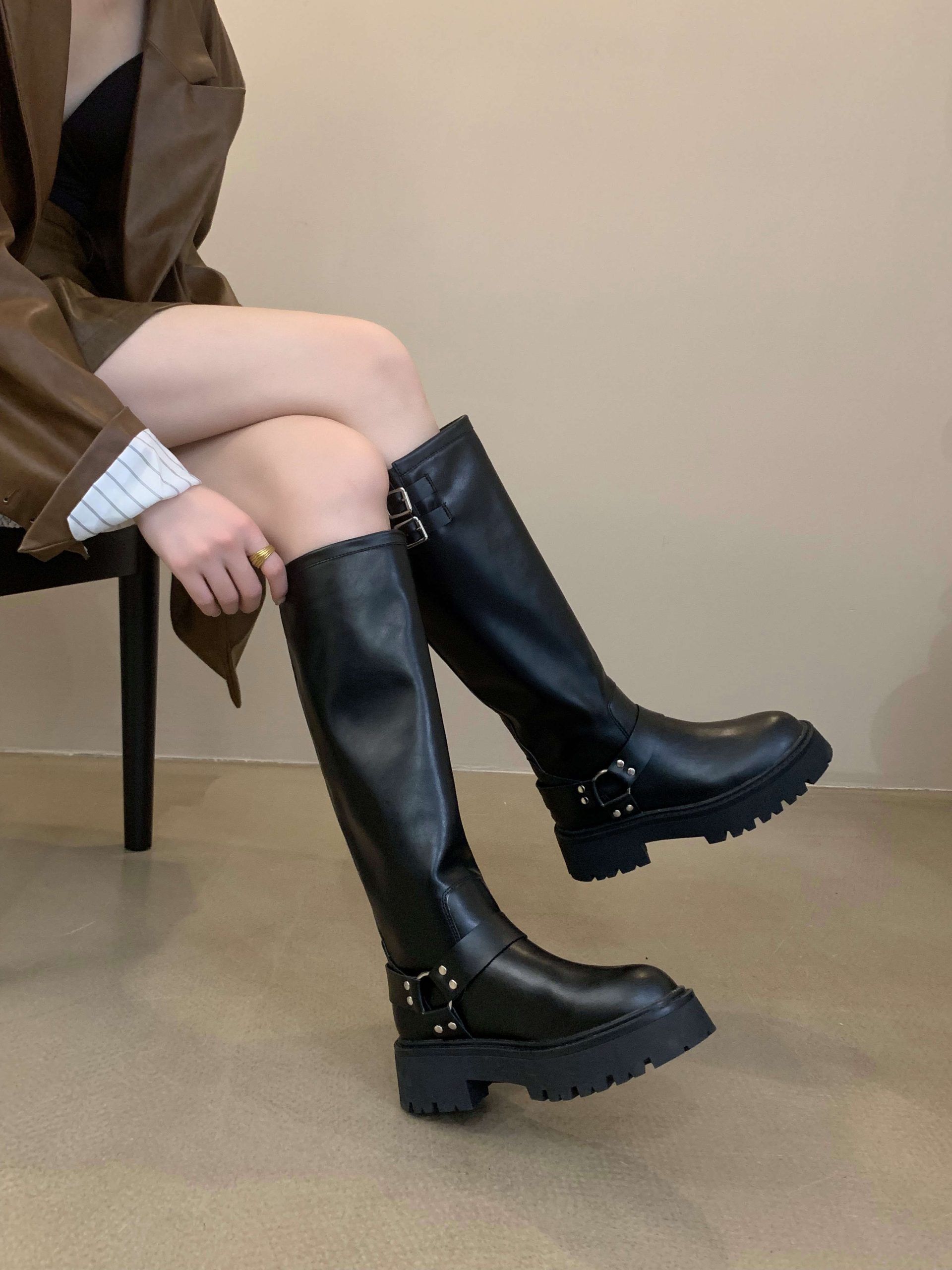Women's Autumn Winter High Top Riding Boots Chunky Heel Short Height Not Over Knee Metal Buckle Brown Mid Calf Boots Versatile - Image 4