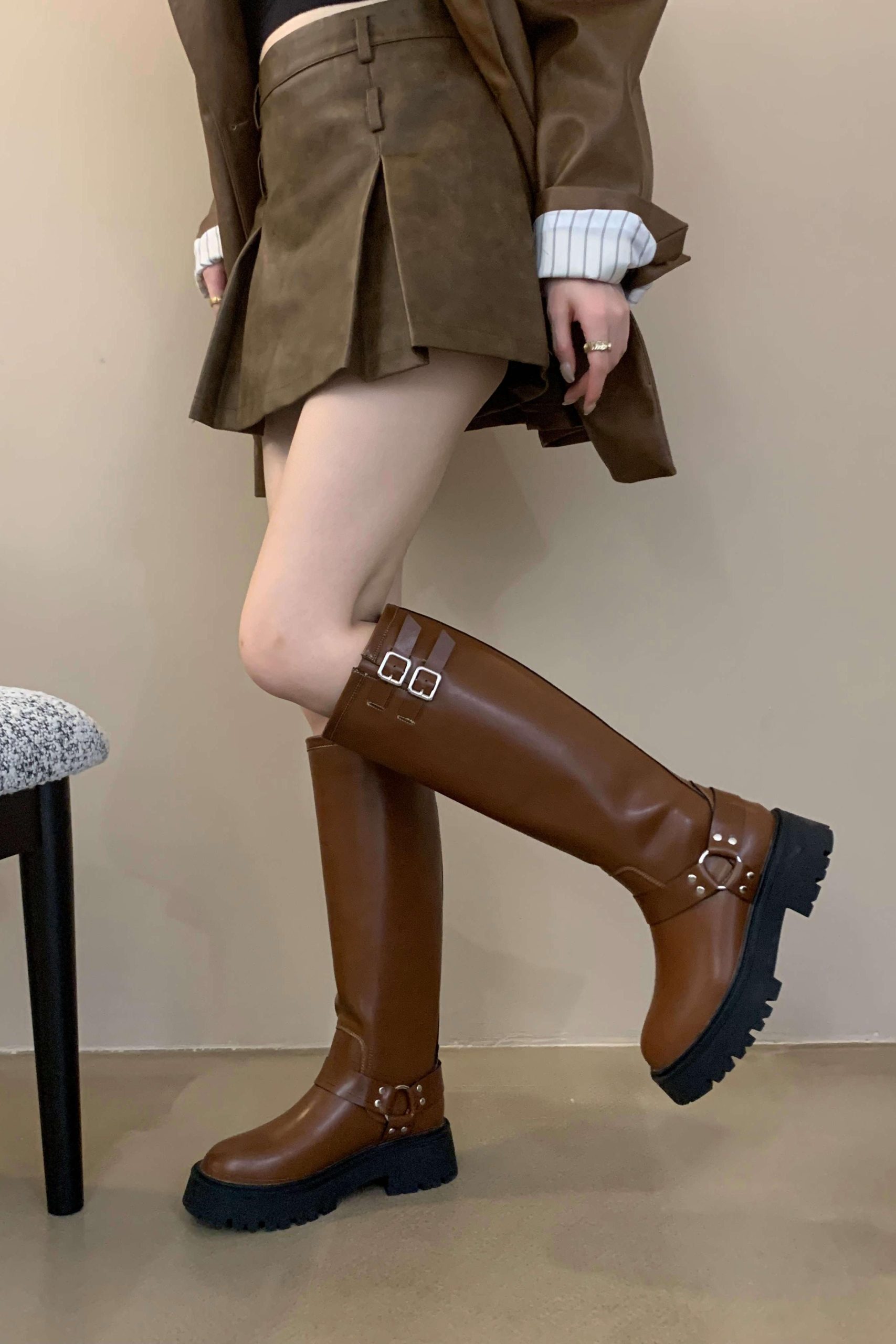 Women's Autumn Winter High Top Riding Boots Chunky Heel Short Height Not Over Knee Metal Buckle Brown Mid Calf Boots Versatile - Image 5
