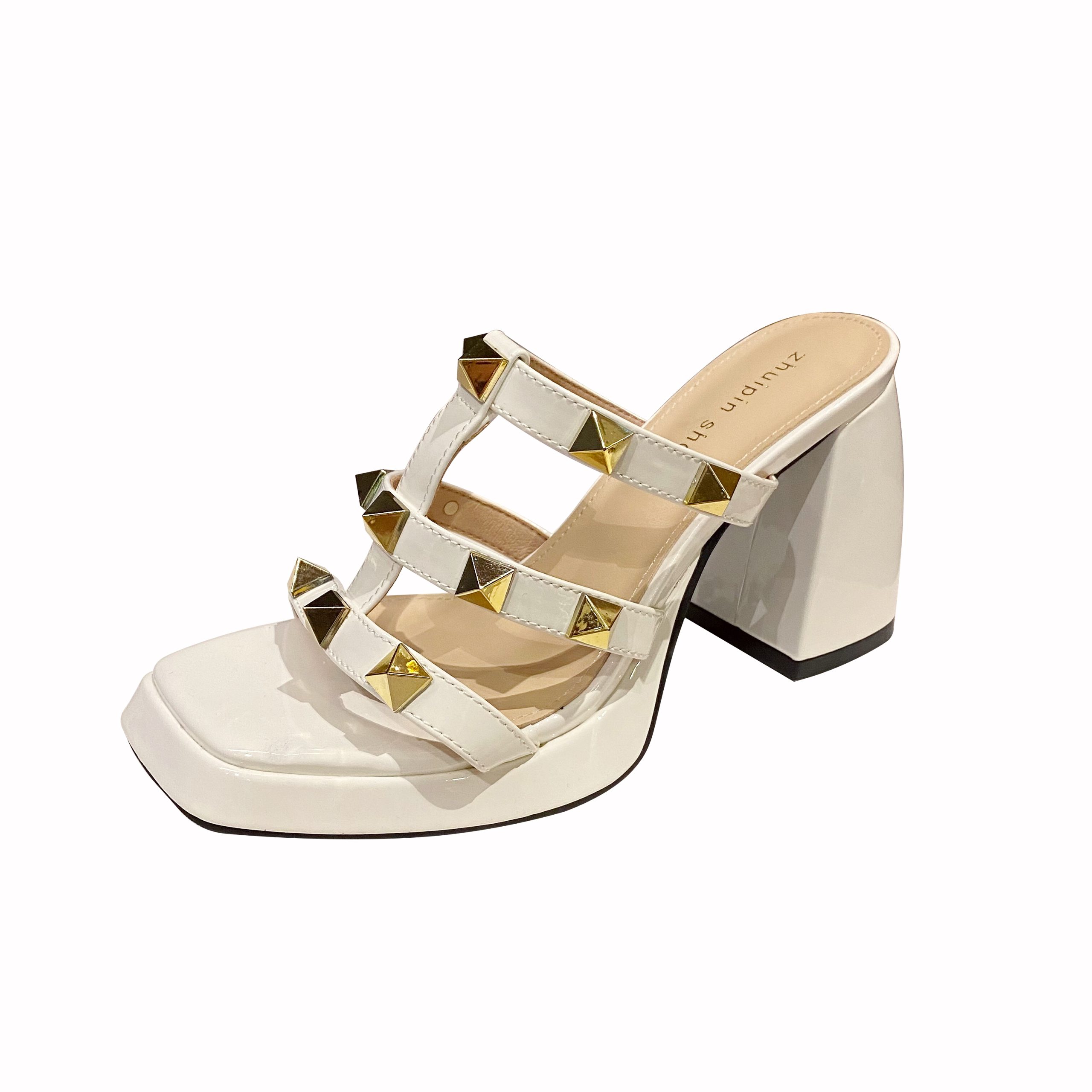 Women's Open Toe Chunky Heel Slippers 2023 New Summer Rhinestone High Heel Roman Sandals - Image 5