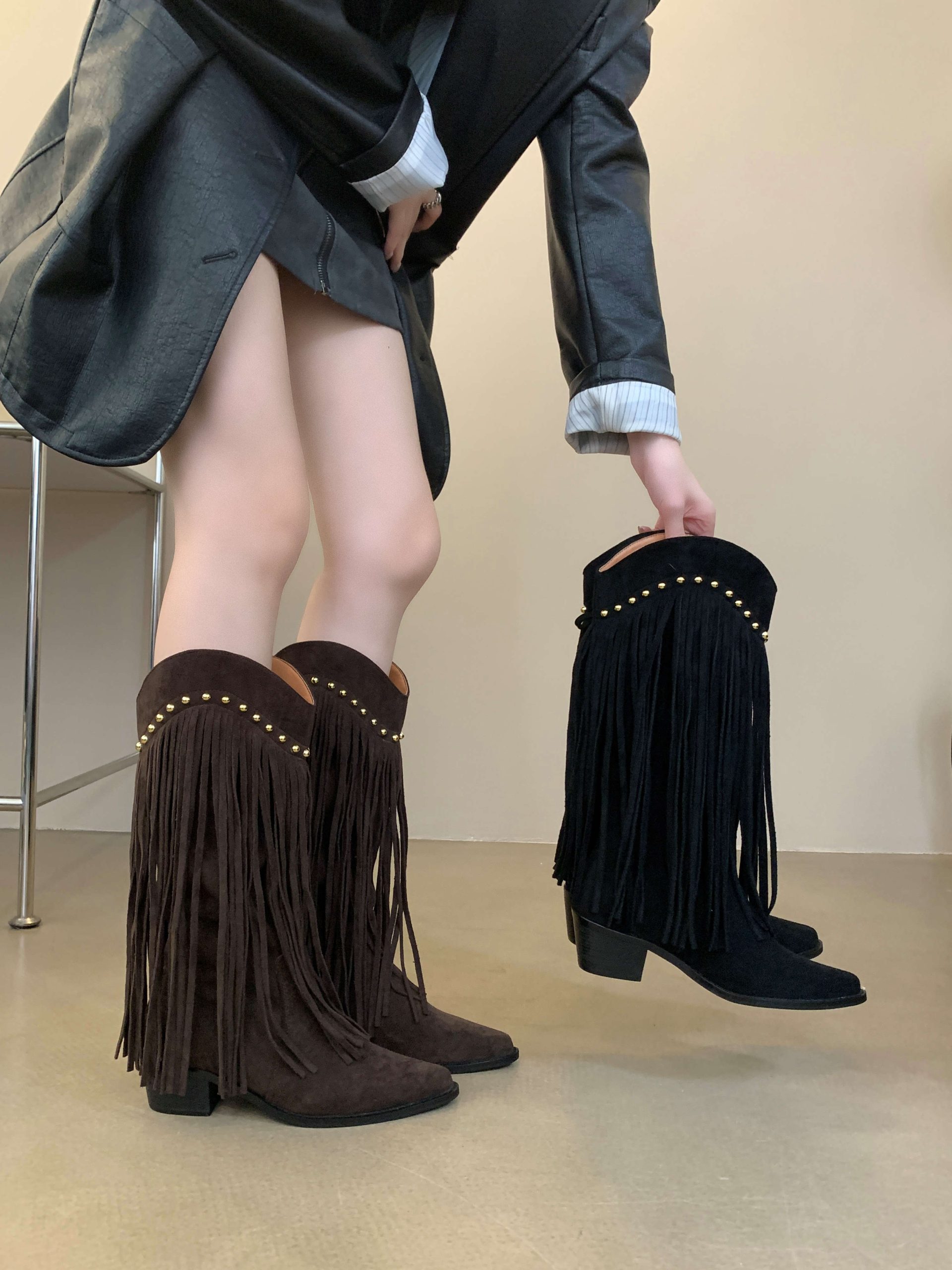 Zhuipin Fringe High Boots Women Autumn Winter Pointed Toe Chunky Heel Designer Suede V-Mouth Western Boots Slim Long Boots