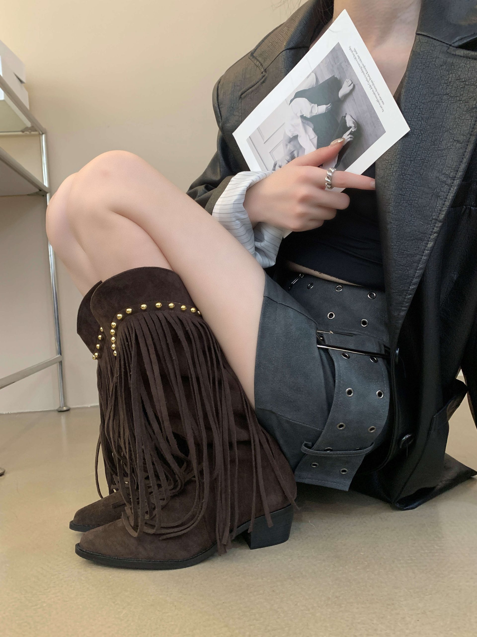 Zhuipin Fringe High Boots Women Autumn Winter Pointed Toe Chunky Heel Designer Suede V-Mouth Western Boots Slim Long Boots - Image 3