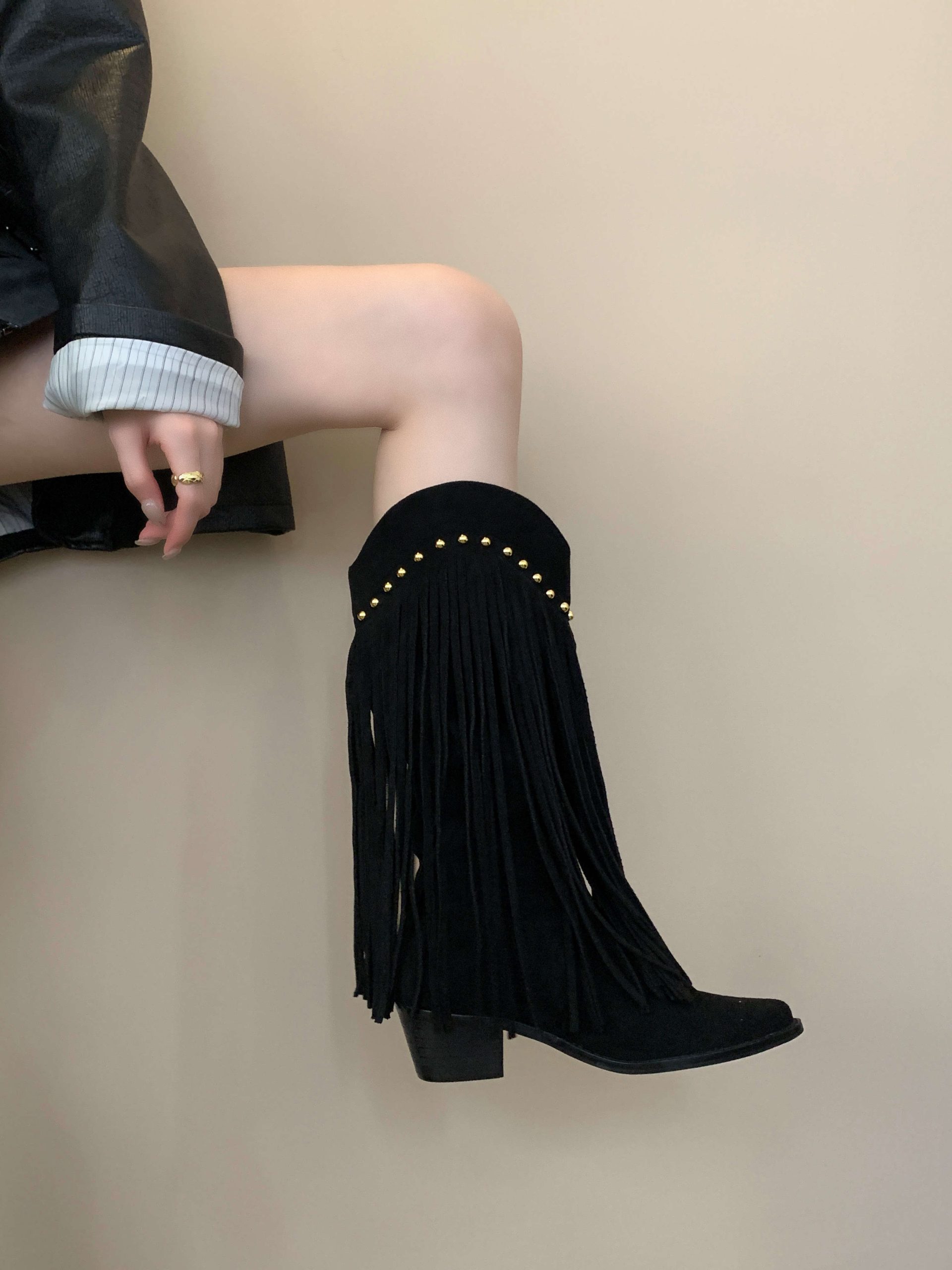 Zhuipin Fringe High Boots Women Autumn Winter Pointed Toe Chunky Heel Designer Suede V-Mouth Western Boots Slim Long Boots - Image 4