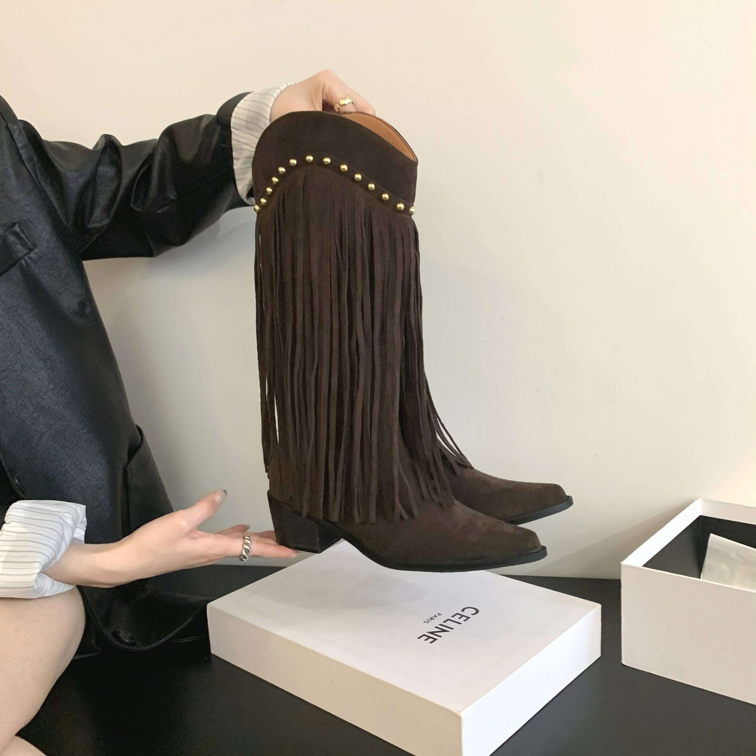 Zhuipin Fringe High Boots Women Autumn Winter Pointed Toe Chunky Heel Designer Suede V-Mouth Western Boots Slim Long Boots - Image 5