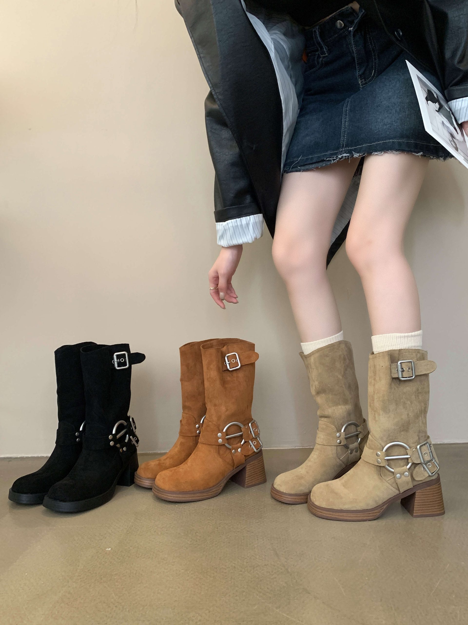 Zhuipin Women’s Mid-Calf Suede Cowboy Boots with Stacked Heel and Wrinkled Design, Caramel Color, 2023 New Style