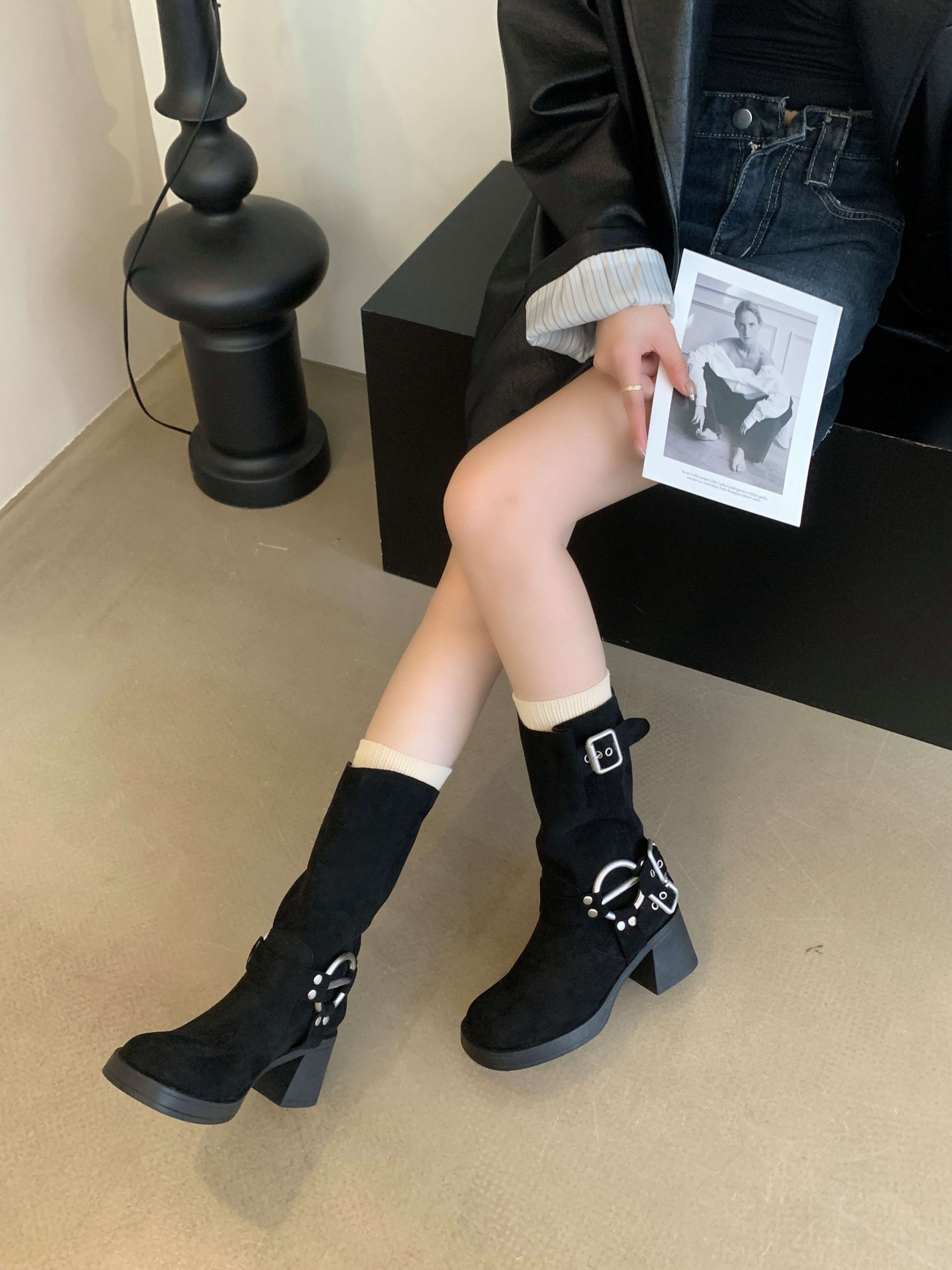 Zhuipin Women's Mid-Calf Suede Cowboy Boots with Stacked Heel and Wrinkled Design, Caramel Color, 2023 New Style - Image 2