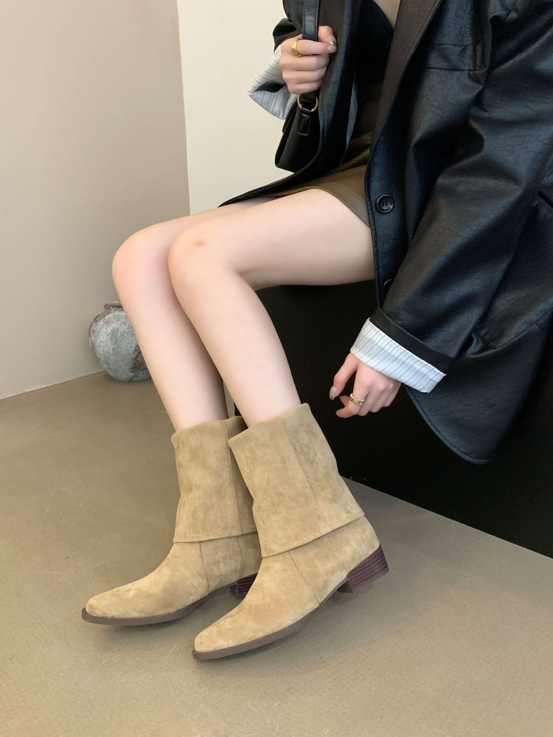 Zhuipin Women's Suede Square Toe Stacked Boots - French Style Long Boots Low Heel Western Cowboy Boots Two-Way Wear - Image 2