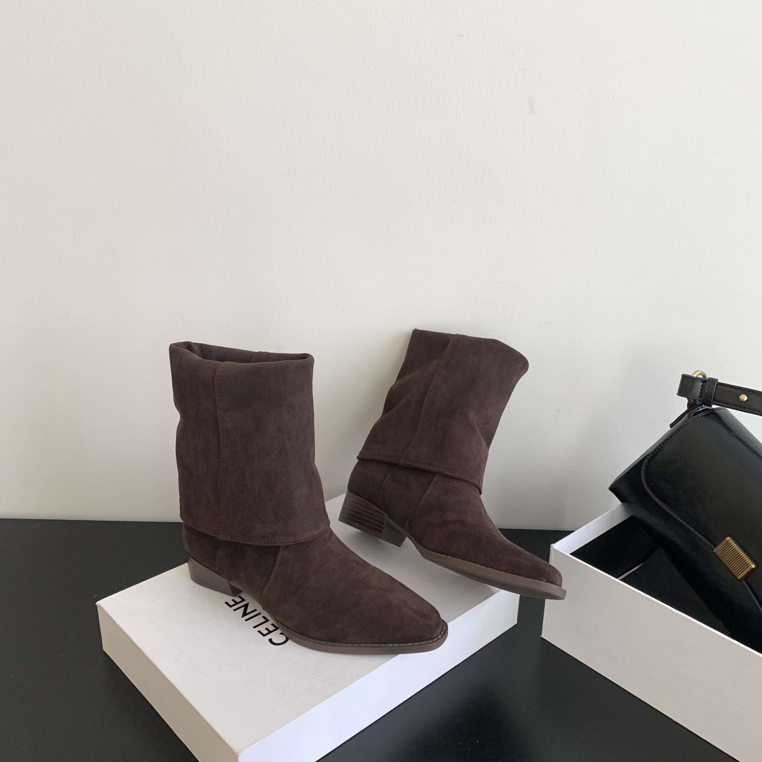 Zhuipin Women's Suede Square Toe Stacked Boots - French Style Long Boots Low Heel Western Cowboy Boots Two-Way Wear - Image 5